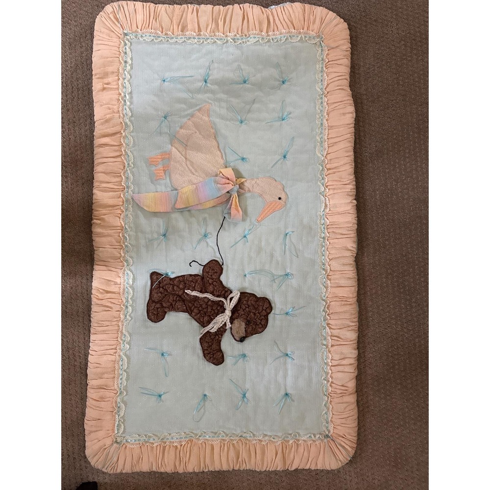 Vintage Handmade Baby Quilt Teddy Bear Goose Rainbow Ribbon Blue Peach 45x25
